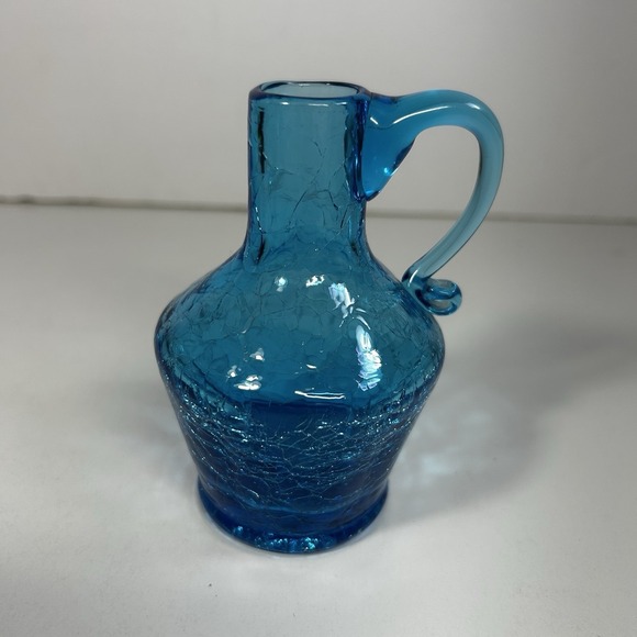 Vintage Blue Crackle Glass Mini Pitcher 4" Hand Blown Applied Handle - Picture 3 of 6